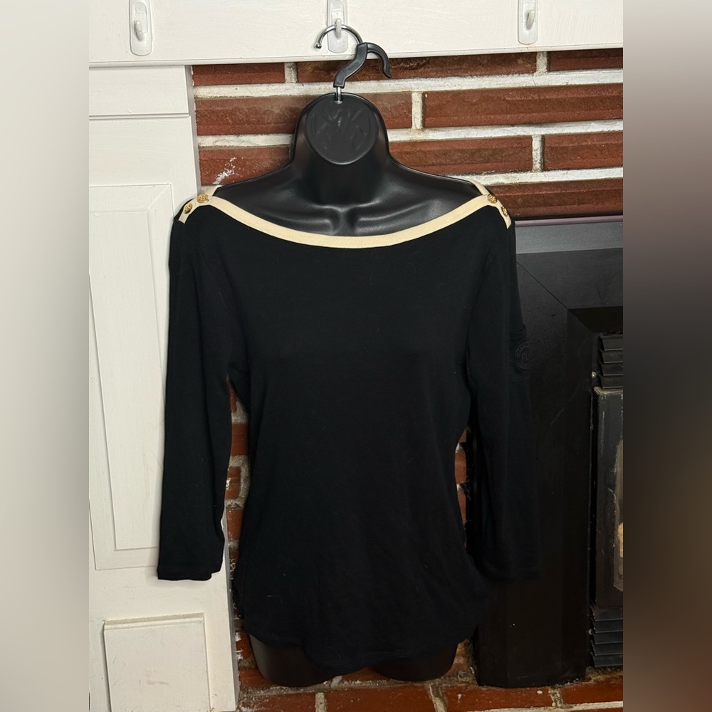 Ralph Lauren Size M Black Boatneck Women's Top with Gold Buttons